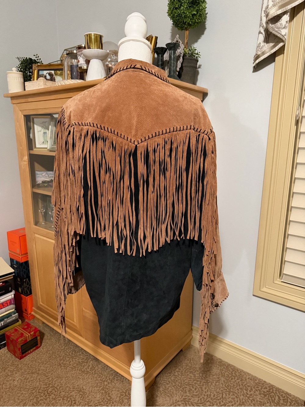 80s Bob Mackie Vintage Fringed Leather Suede Western Jacket Brown & Black Size L - Picture 5 of 15